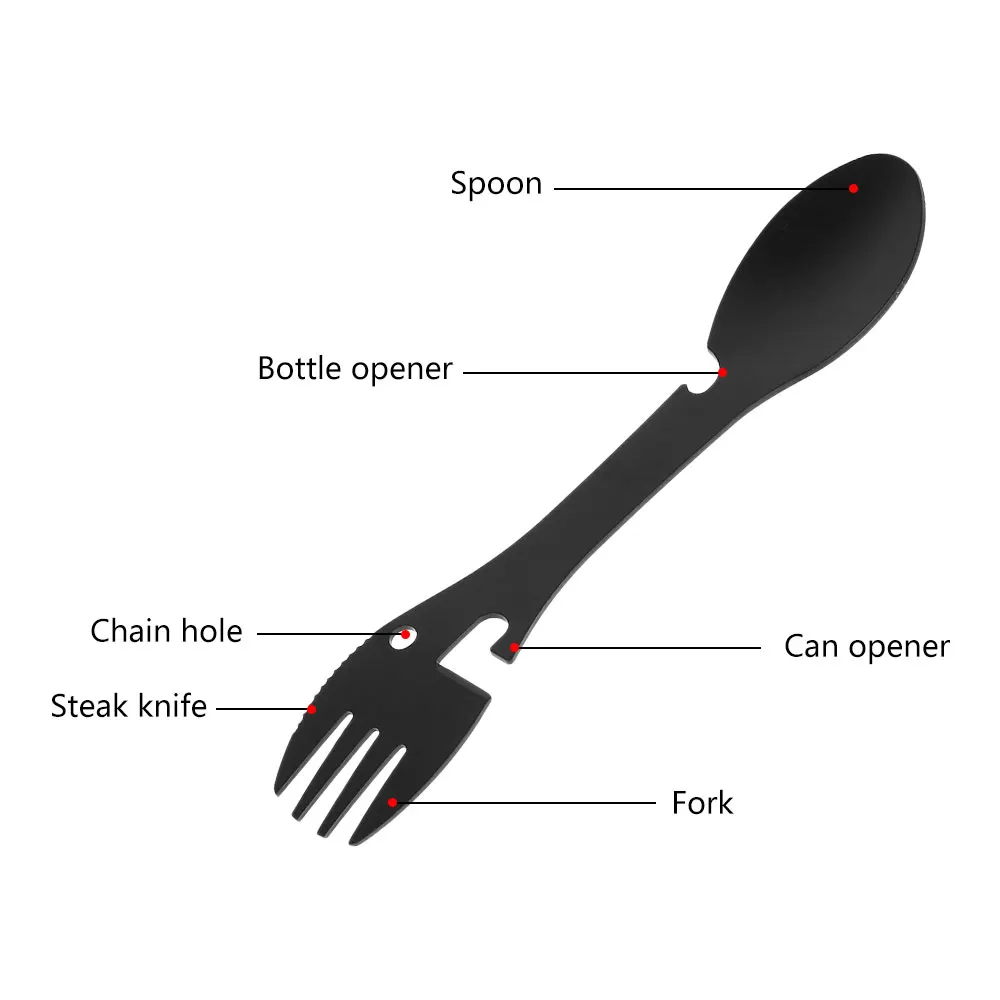 

5 In 1 Camping Outdoor Fork Spoon Multi-function Stainless Steel Spoon Fork Bottle Opener Serrated Knife Cutlery Cooking Tools