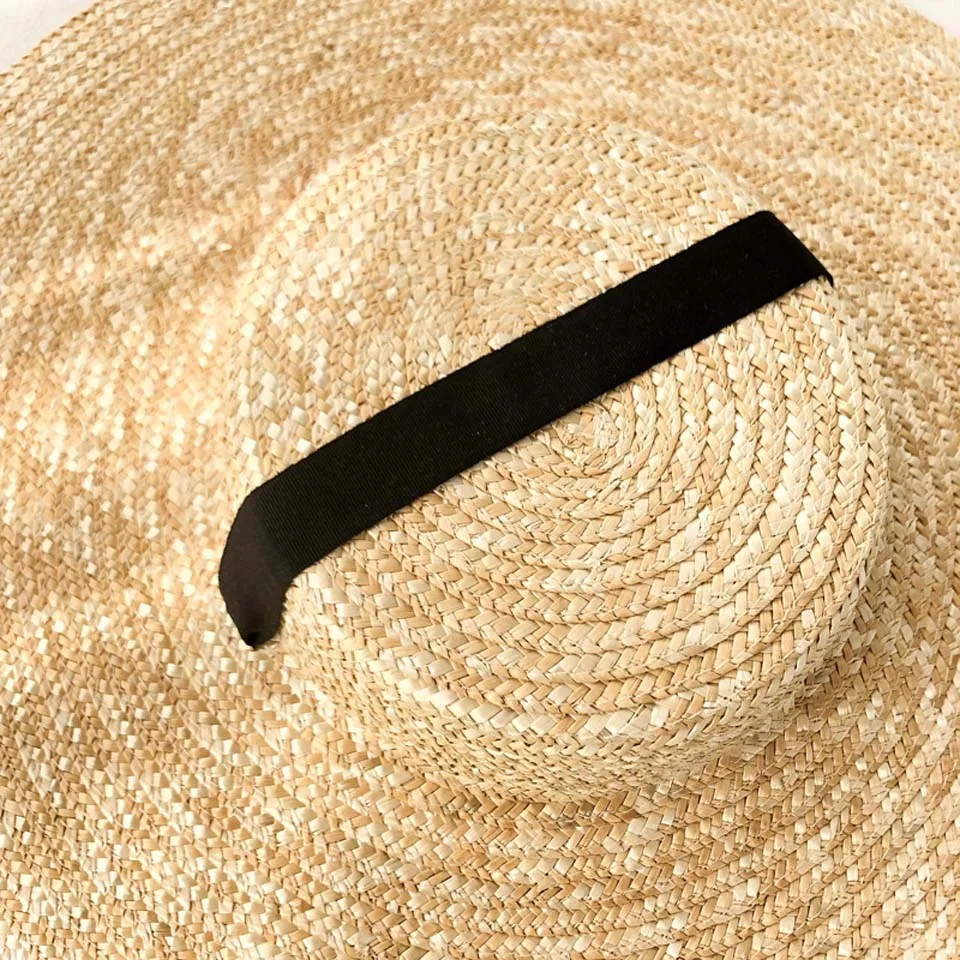 

Women Wide Brim Hat 15cm 18cm Brim Straw Hat Flat Women Summer With White Black Ribbon Tie Sun Hat Cap