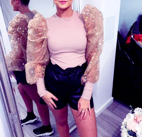 

Best Selling Women Polka Dot Puff Sleeve Elastic Tops Women Lantern Sleeve Fashion Trendy Tshirts Long Sleeve Shirt Women