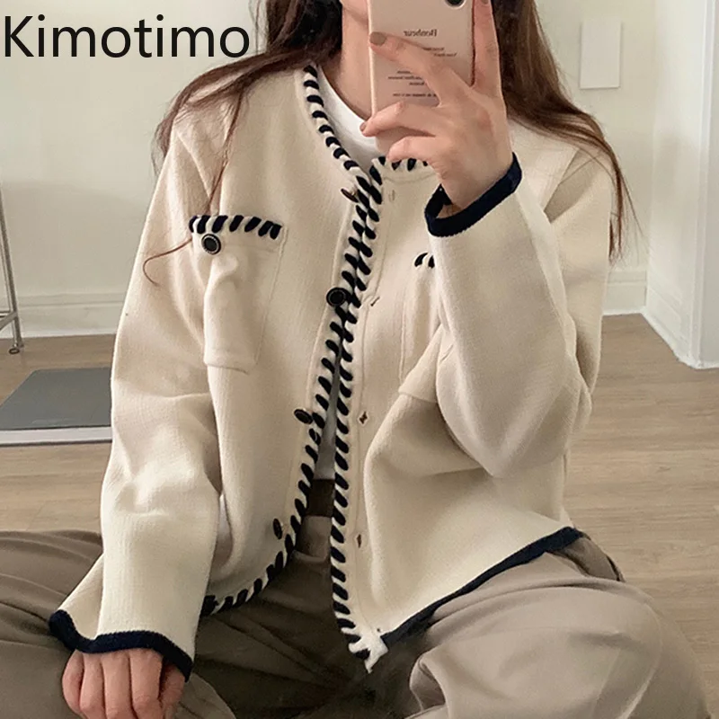 

Kimotimo Knitted Coat Women Korean Chic Temperament O-neck Rim Loose Jacket Autumn Winter All-match Long Sleeve Clothes Vestidos