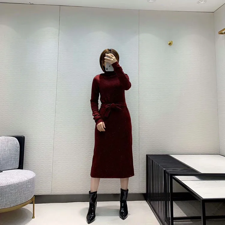 

2020 The New Autumn/winter Product Is An Elegant, Belted, High-necked Cashmere Dress Long Dress Party Dress