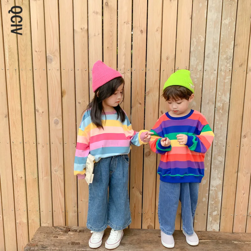 

Осенняя Повседневная Радужная ткань в Корейском стиле для мальчиков и девочек, Новое поступление хлопковой свободной одежды