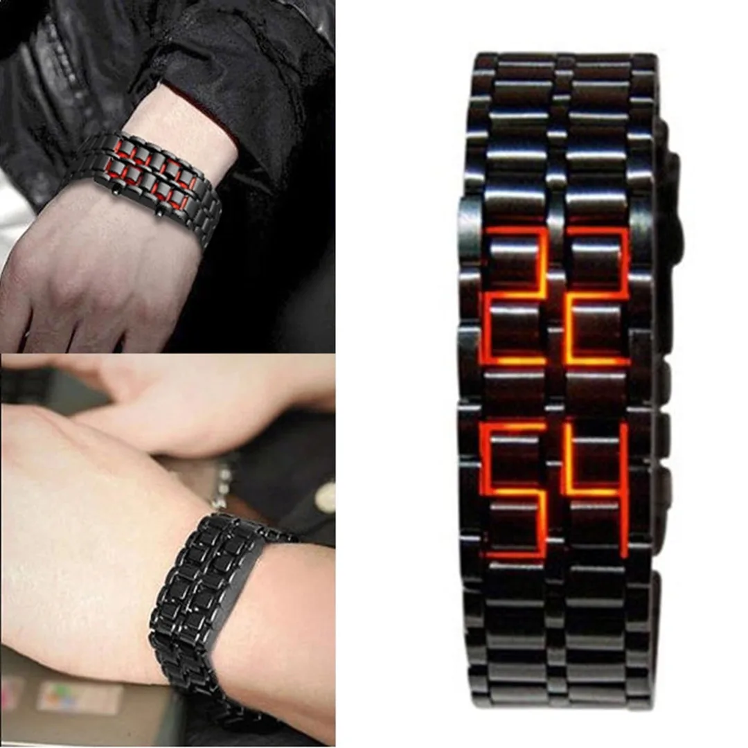 Black Red Light Lava Iron Samurai, мужские часы, роскошный ремешок из нержавеющей стали, светодиодный, мужские спортивные электронные часы, светодиодный, цифровые часы, reloj hombre - Цвет: Black Red Light