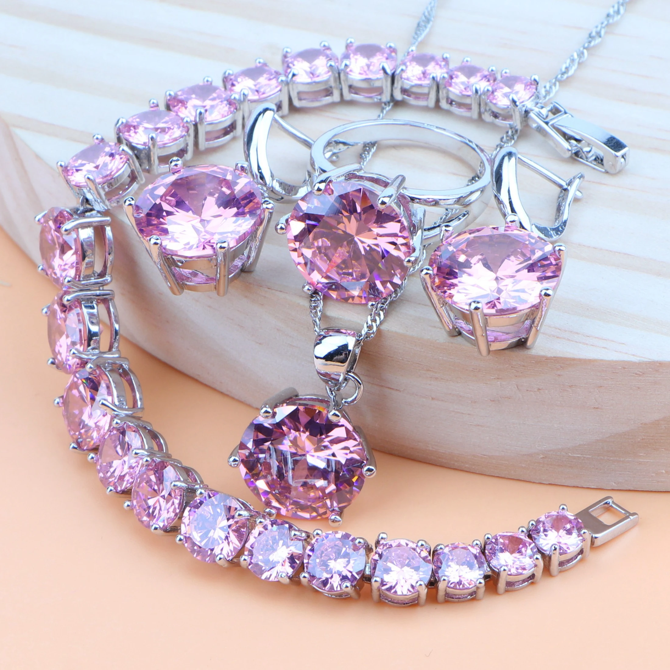 Бесплатная доставка серебро 925 пробы круглые розовые камни свадебные комплекты