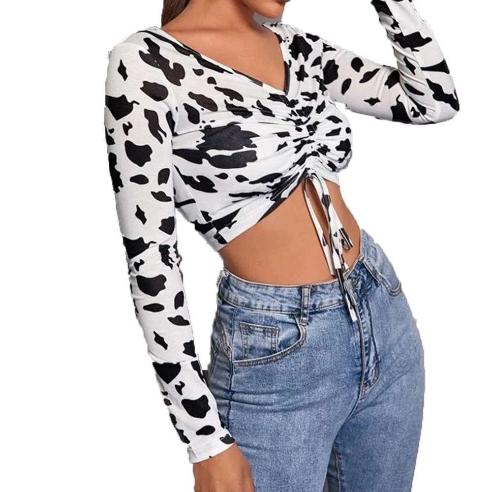 

Autumn new Ruffle drawstring Cow Print V-Neck long sleeve short T-shirt for women