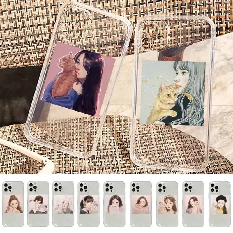 

Animal Pattern Cat And Girl Phone Case for iphone 13 11 12 pro XS MAX 8 7 6 6S Plus X 5S SE 2020 XR case
