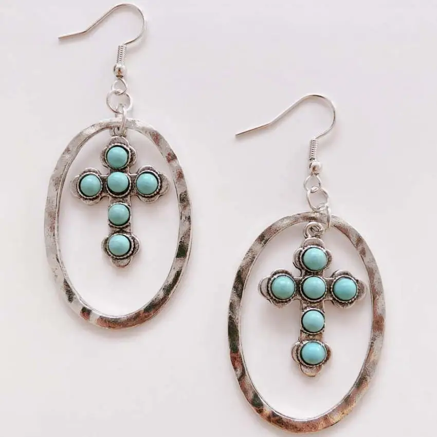 

Vintage Silver Metalwork Oval Circle Turquoise Bead Cross Drop Earrings for Women 2021 New Statement Earrings Bohemian Jewelry