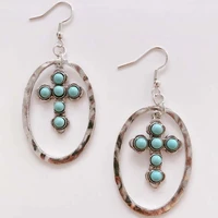 vintage silver metalwork oval circle turquoise bead cross drop earrings for women 2021 new statement earrings bohemian jewelry