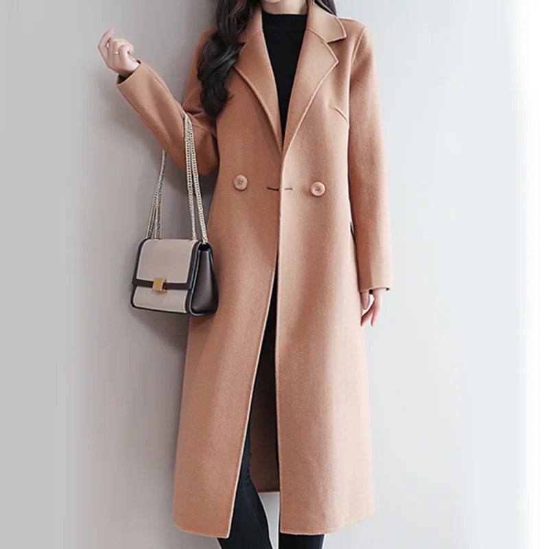 Camelcolor Новая Осенняя шерстяная куртка Корейская одежда женская зимняя куртка женская синяя уличная одежда размера плюс женское Красное длинное пальто черный верблюжий цвет - Цвет: Camelcolor