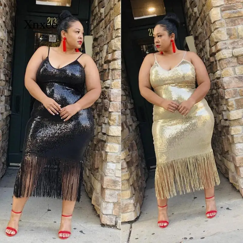 

Summer Plus Size Sexy Evening Dress Suspenders Evening Dress Elegant Luxury Dress Ladies Spaghetti Belt Tassel Tassel Sequins