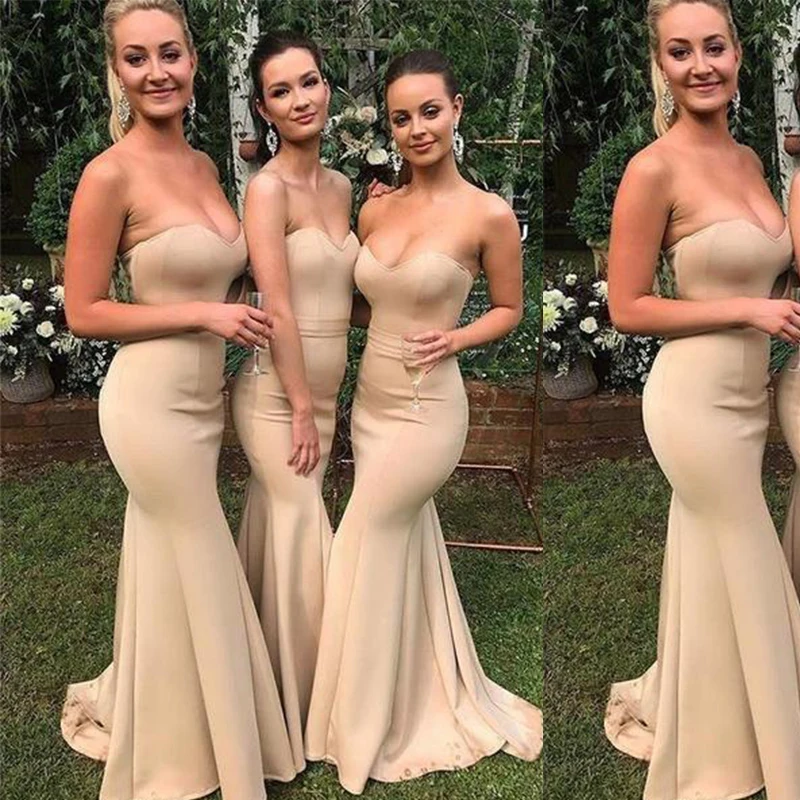 

Elegant Nude Mermaid Long Sweetheart Wedding Bridal Party Dress Gowns Nude Strapless Bridesmaid Dresses 2021 New