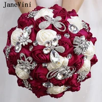 janevini luxury fuchsia flowers rhinestone wedding bouquets crystal artificial satin rose bridal bouquet for wedding accessories