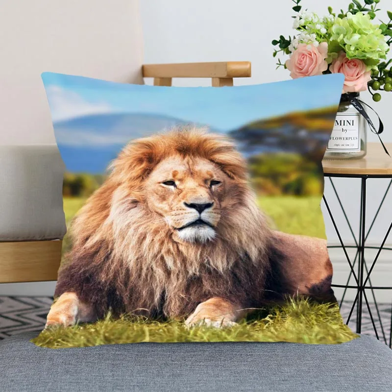 

New Arrival Lion Animal Pillowcase Wedding Decorative Pillow Cover Custom Printed Soft Satin Fabric Pillow Cases Not Fade