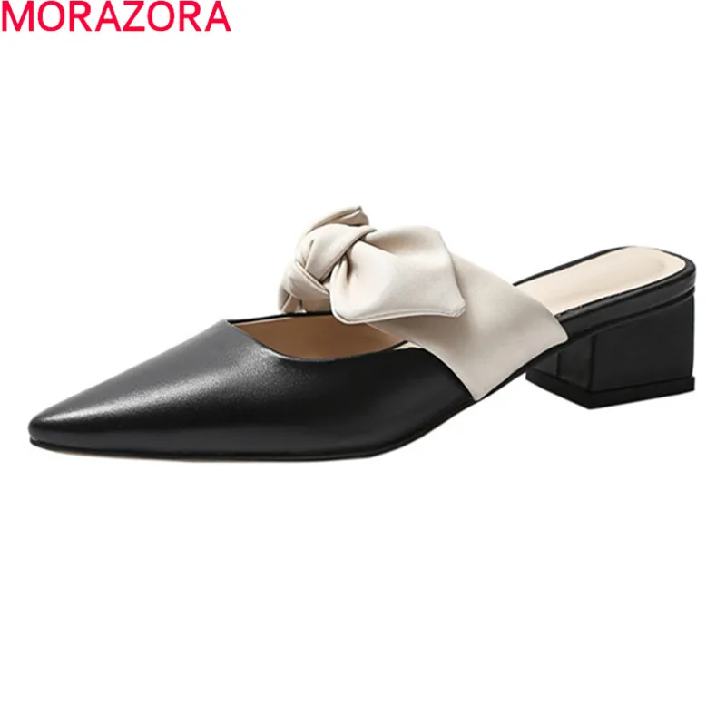 

MORAZORA 2021 Genuine Leather Women Slippers Square Heels Pointed Toe Casual Shoes Fashion Bowknot Ladies Mules Shoes