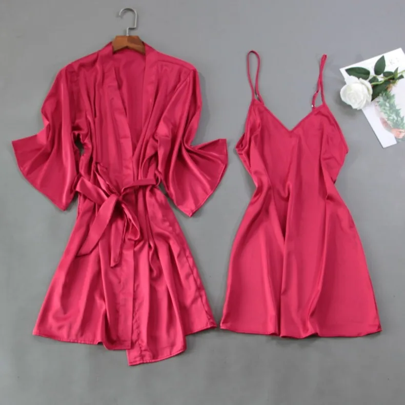 

Женский Шелковый Атласный халат и платье на весну и лето, сексуальный комплект из 2 предметов, платье для сна, Халат без рукавов + ночная руба...