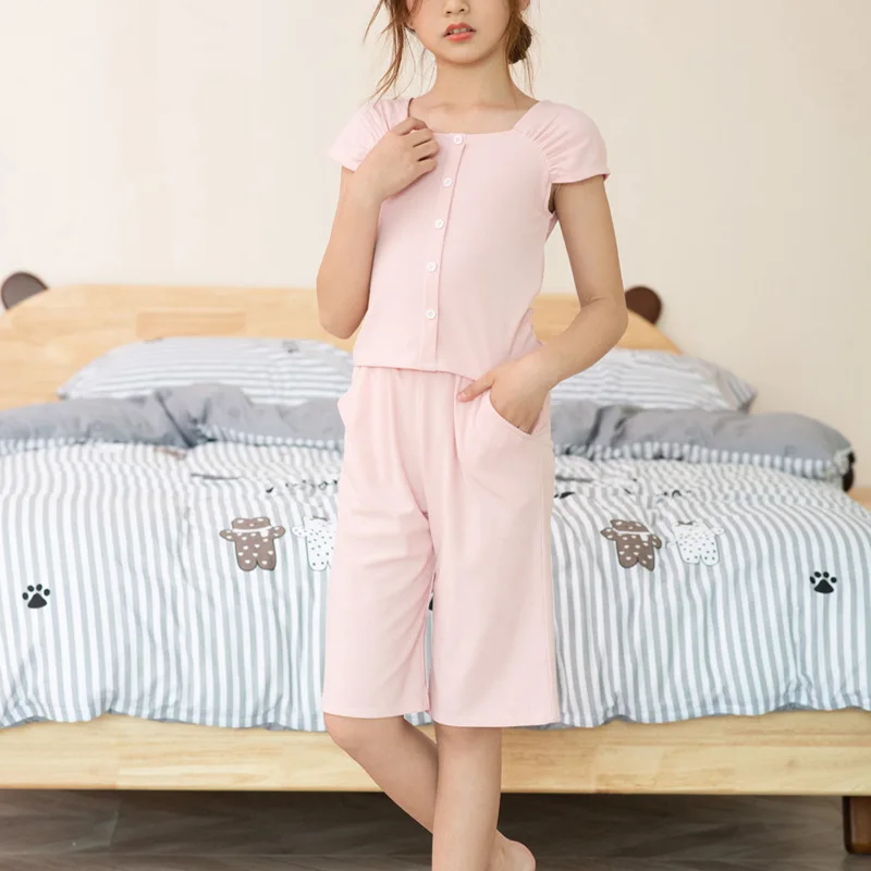 

Black Pink Big Girls Clothing Sets 2021 Summer Cotton Casual Two Pieces Children Set Fashion Home Girl Clothes Suit Tops + Pants