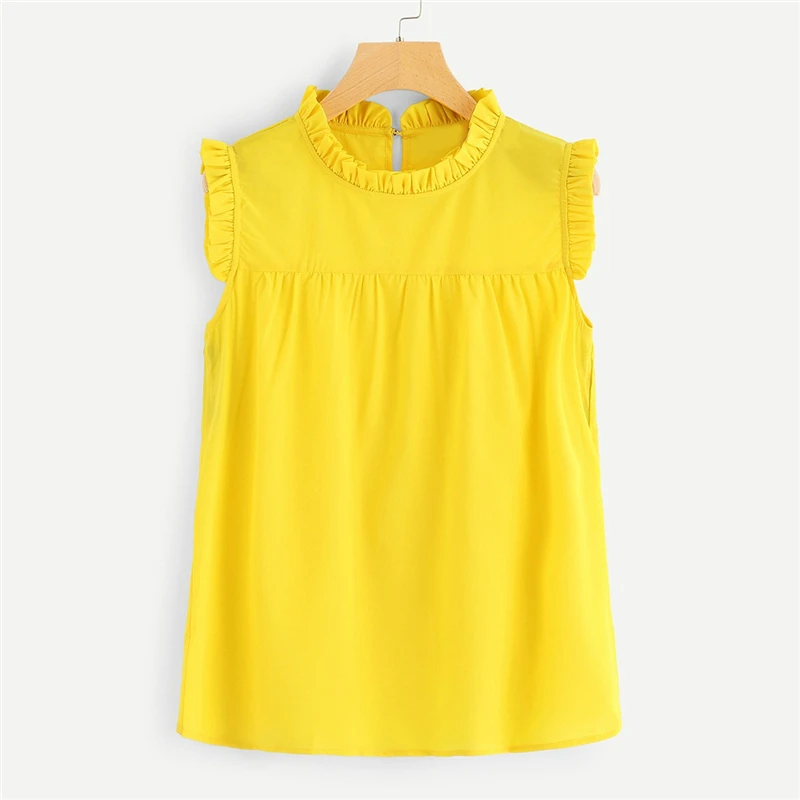 Женская блузка с оборками желтая однотонная без рукавов корейская мода лето