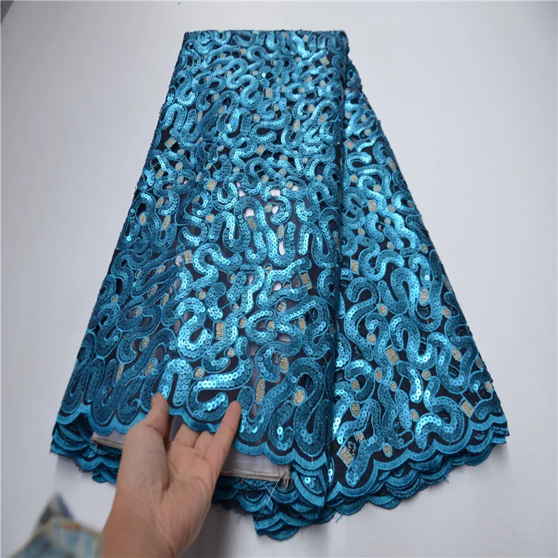 Vestido de novia nigeriano de lujo, tela de encaje africano con lentejuelas cortadas a mano de 5 yardas, bordado de secuencia de calidad suiza, OP878-1