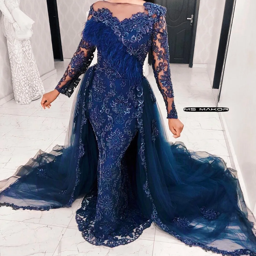 

Trendy Lace Aso Ebi Evening Dresses Mermaid Plus Size With Tulle Overskirt Beaded Feathers Women Prom Party Dress Long Sleeve
