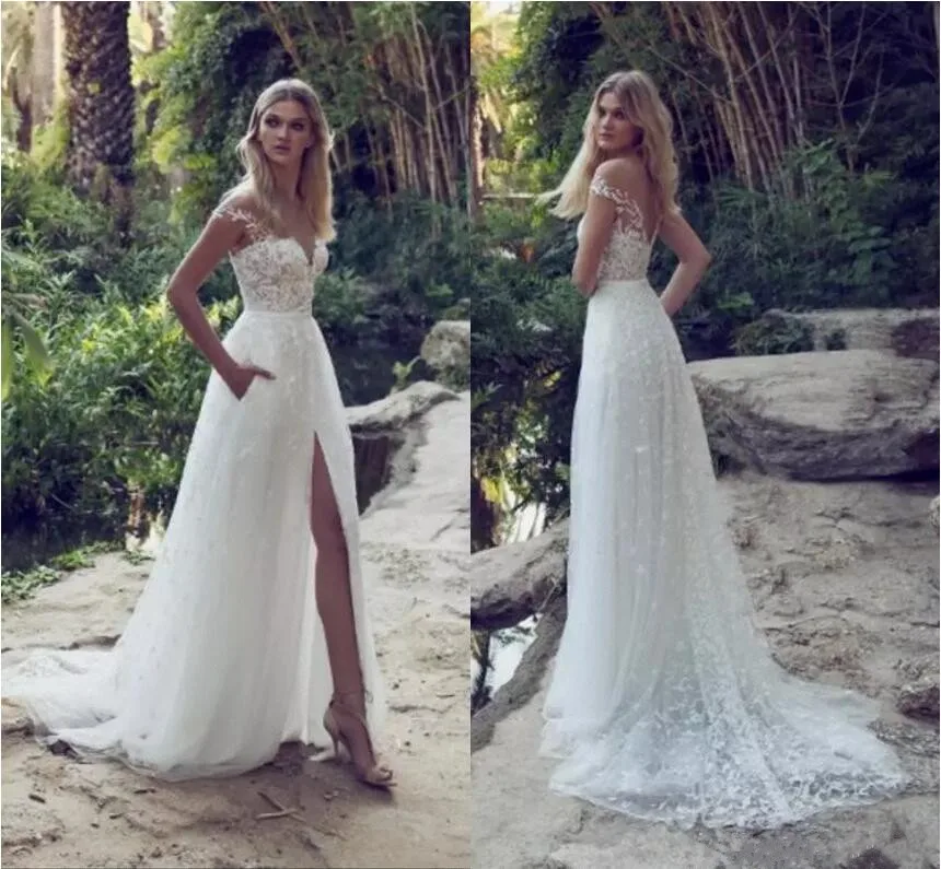 

Recent wedding clothes Illusion Way Shoulder dish Zug Backless Garden Beach Bridal gown Tip Applique ONE line Vestido De Noiva