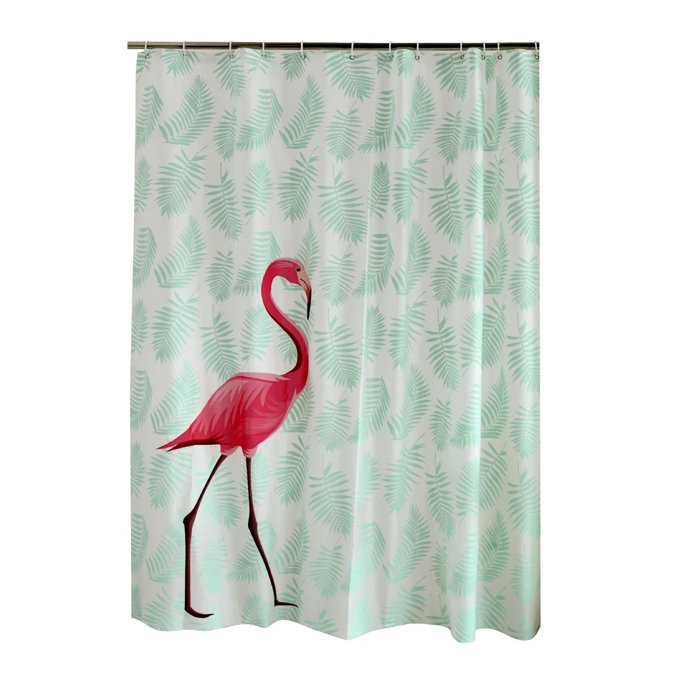 Экологичная занавеска для душа Happy Tree PEVA с красными фламинго и зелеными листьями