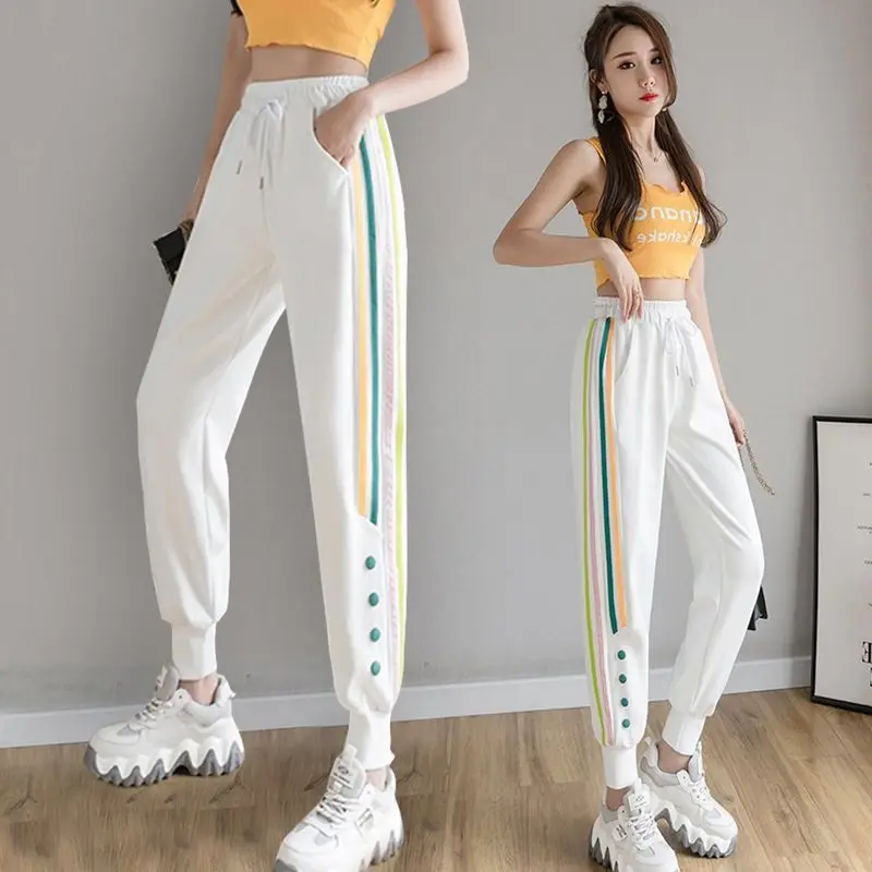 Jogging Pants Womens Sweatpants Drawstring Casual Loose High Waist Korean Side Stripe Trousers Straight Leg Pants Female Joggers