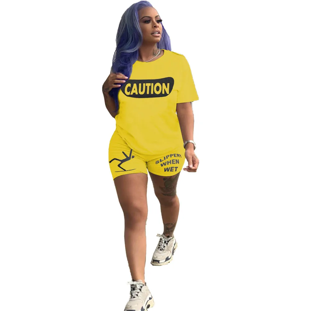 

Sports Style Summer Two Piece Women's Clothing Fashion Round Neck Personality Letter Printing Casual Short Suit Dropshipping