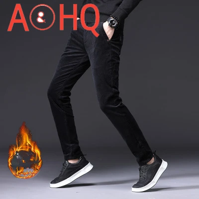 

Плотные флисовые вельветовые зимние мужские брюки на молнии черные Хаки Брюки-Карандаш мужские брюки для отдыха мужские повседневные брюк...