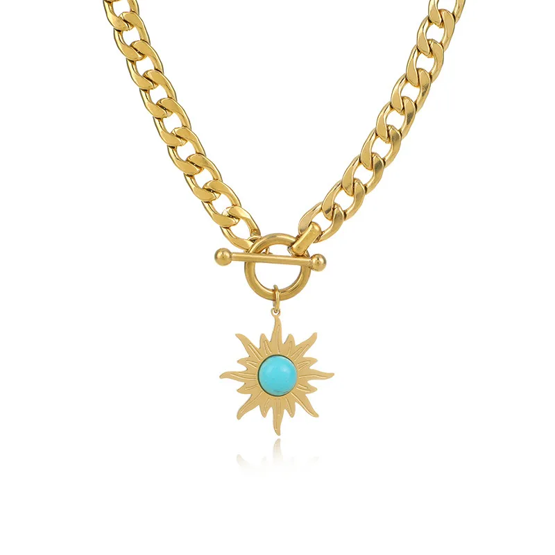

Stainless Steel Sun Flower Pendant Necklaces Turquoise Clavicle Chain Metal Collar 14K Golden Choker Woman Trendy Jewelry Gift