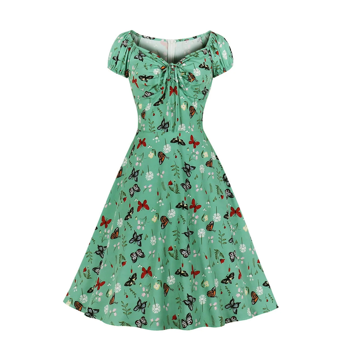 Buterfly Flower Green Sundress Retro Vintage Women Dress Tie Front V-neck Knee Length Party Dresses