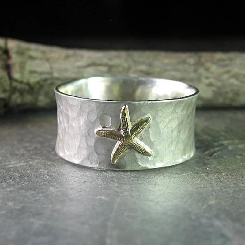 

Trendy Silver Color Wide Face 3D Stereoscopic Starfish Pattern Finger Ring for Women Party Stylish Jewelry Size 6-10
