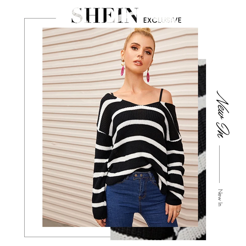 SHEIN черный и белый полосатый твист сзади Падение плеча свитер для женщин Осень Зима V обратно длинный рукав милые Повседневные свитера