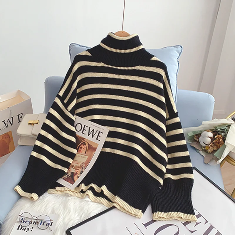

Женские свитера EBAIHUI, пуловер в полоску с высоким воротом, женский джемпер контрастных цветов, повседневный свободный модный свитер с вязан...