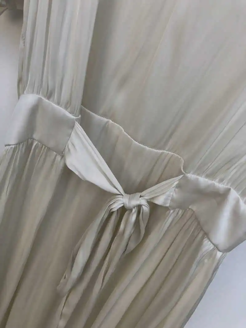 

2021SS Woman Beige Satin-effect Long Dress V-Neck Frills Detail Short Puff Sleeves Waist With Belt