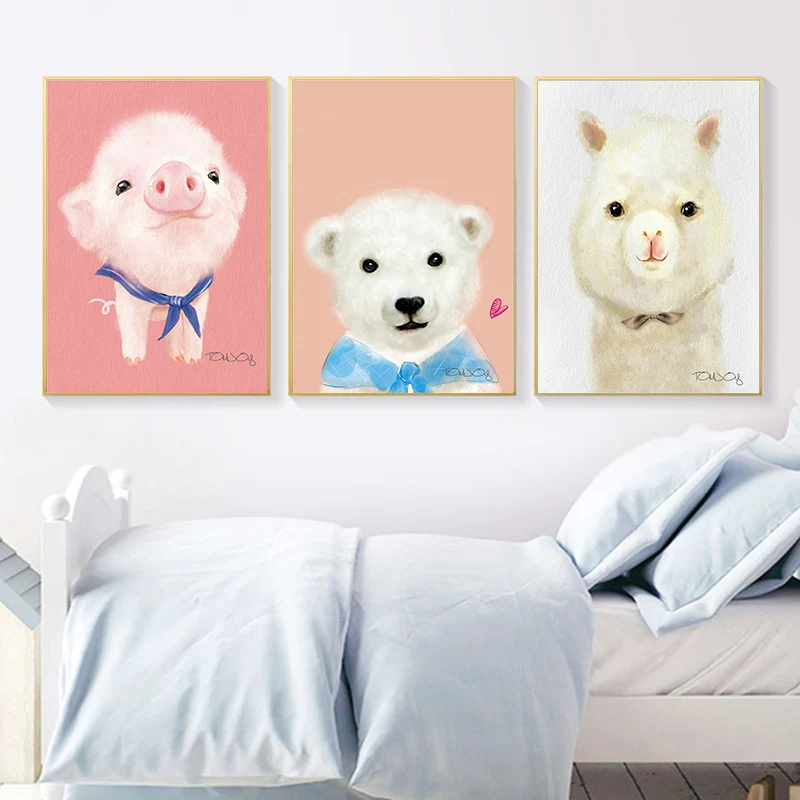 Медведь свинка Альпака утенок детская настенная Картина на холсте скандинавские