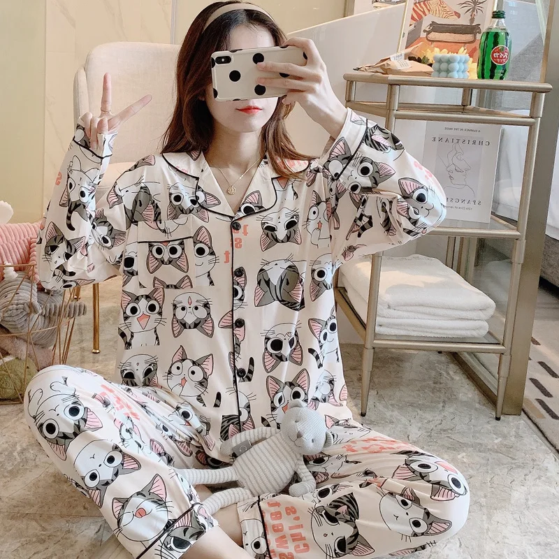 

Cute Cat Cartoon Print Pajama Sets For Women Cotton Long Sleeve Sleepwear Turn-down Collar Pyjama Female Mujer Homewear