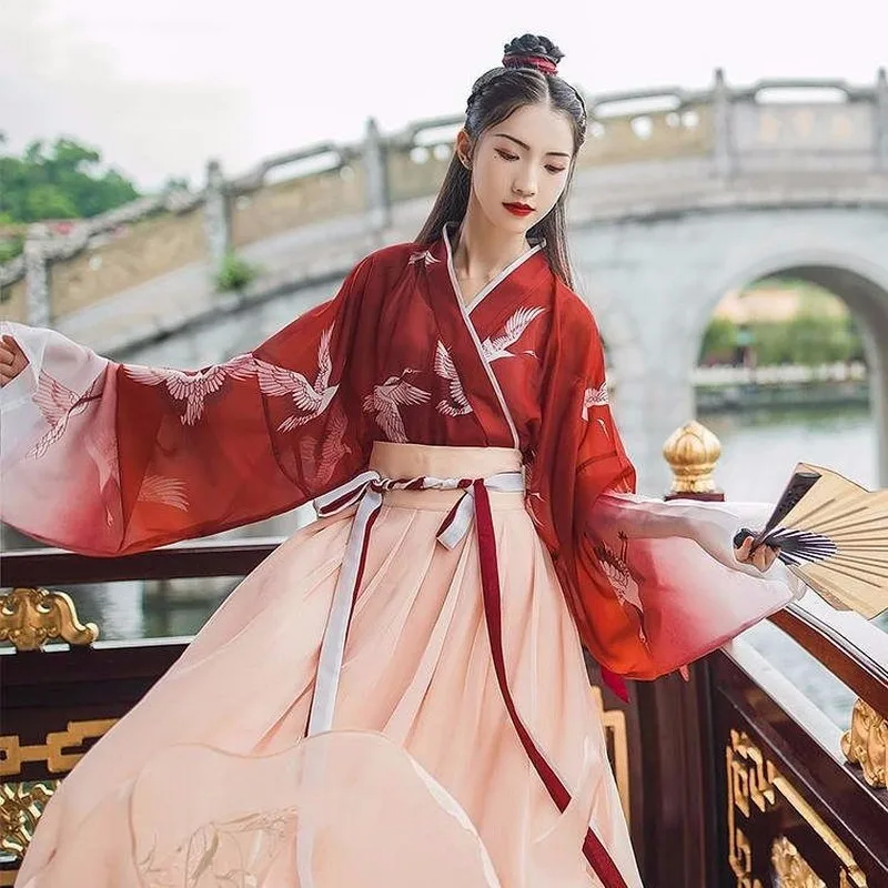 Винтажные комплекты летней одежды Hanfu женское платье градиентное Макси-платье