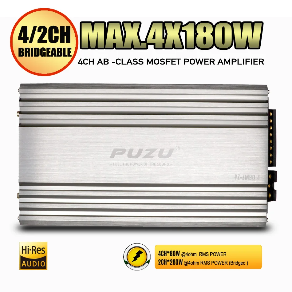 

PUZU PZ-ZM90.4 4CH Car Audio 720W Peak Power 4ohm/2ohm Bridgeable stable A/B class Amplifier system for car stereo speakers