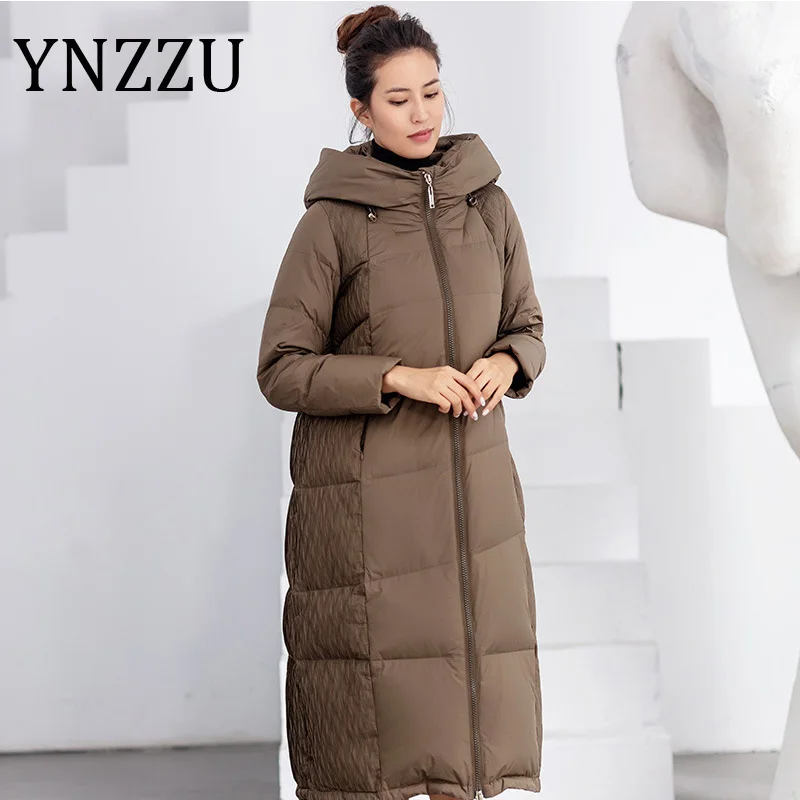 

YNZZU 2021 весенне-зимняя женская куртка, Винтажный Длинный стильный утепленный пуховик с капюшоном 90% на белом утином пуху, женская верхняя оде...