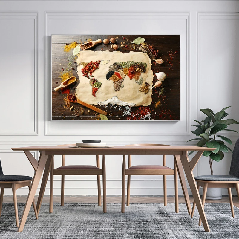 

Modern World Map with Spice Canvas Painting Posters and Prints Wall Art Picture for Dining Room Home Decoration Cuadros