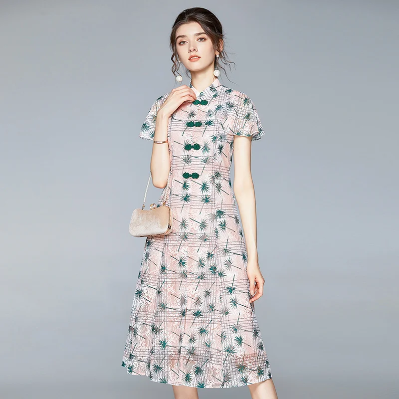 

COIGARSAM Chinese Style Lace Women dress New Summer Print Dresses Green 6688
