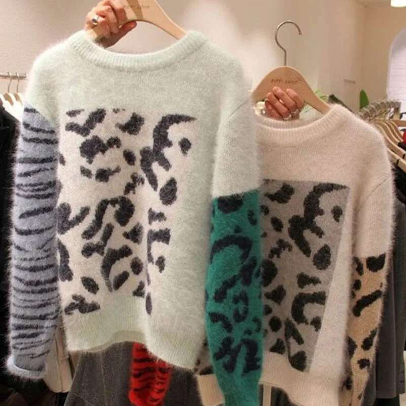 Женский леопардовый свитер с принтом зебры норковый кашемировый вязаный зимний