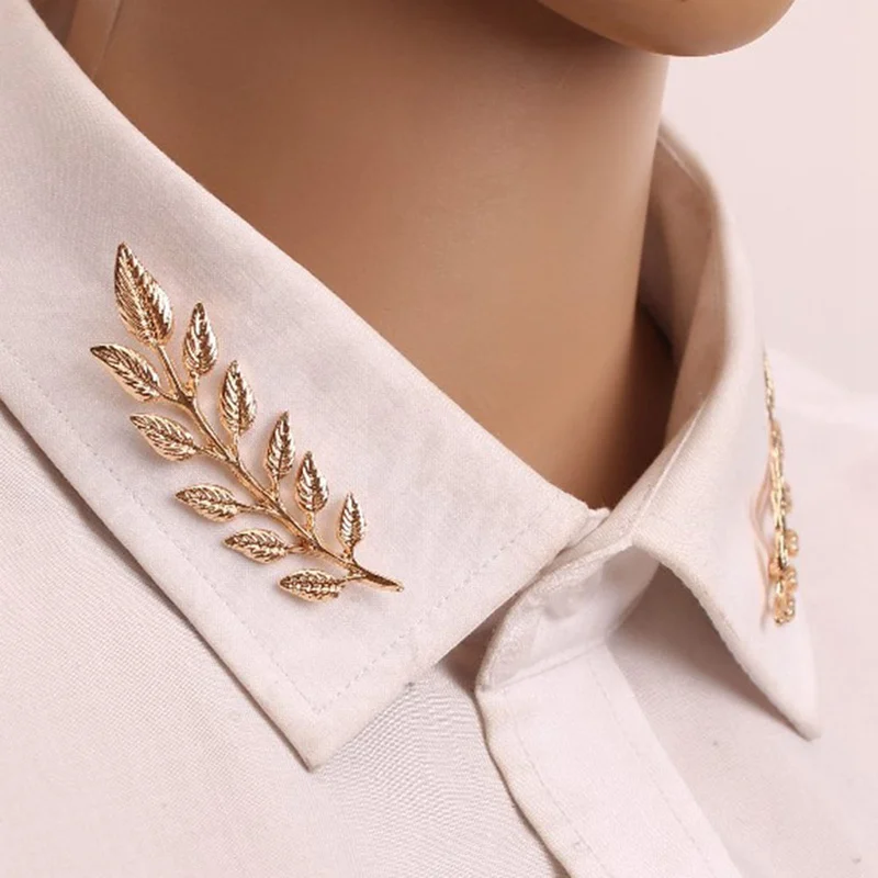 

1Pair Vintage Golden Tree Leaf Shirt Suit Collar Pin- Gold 6.3cm*2.17cm Collar Pins Cloth Accessory For Man Woman