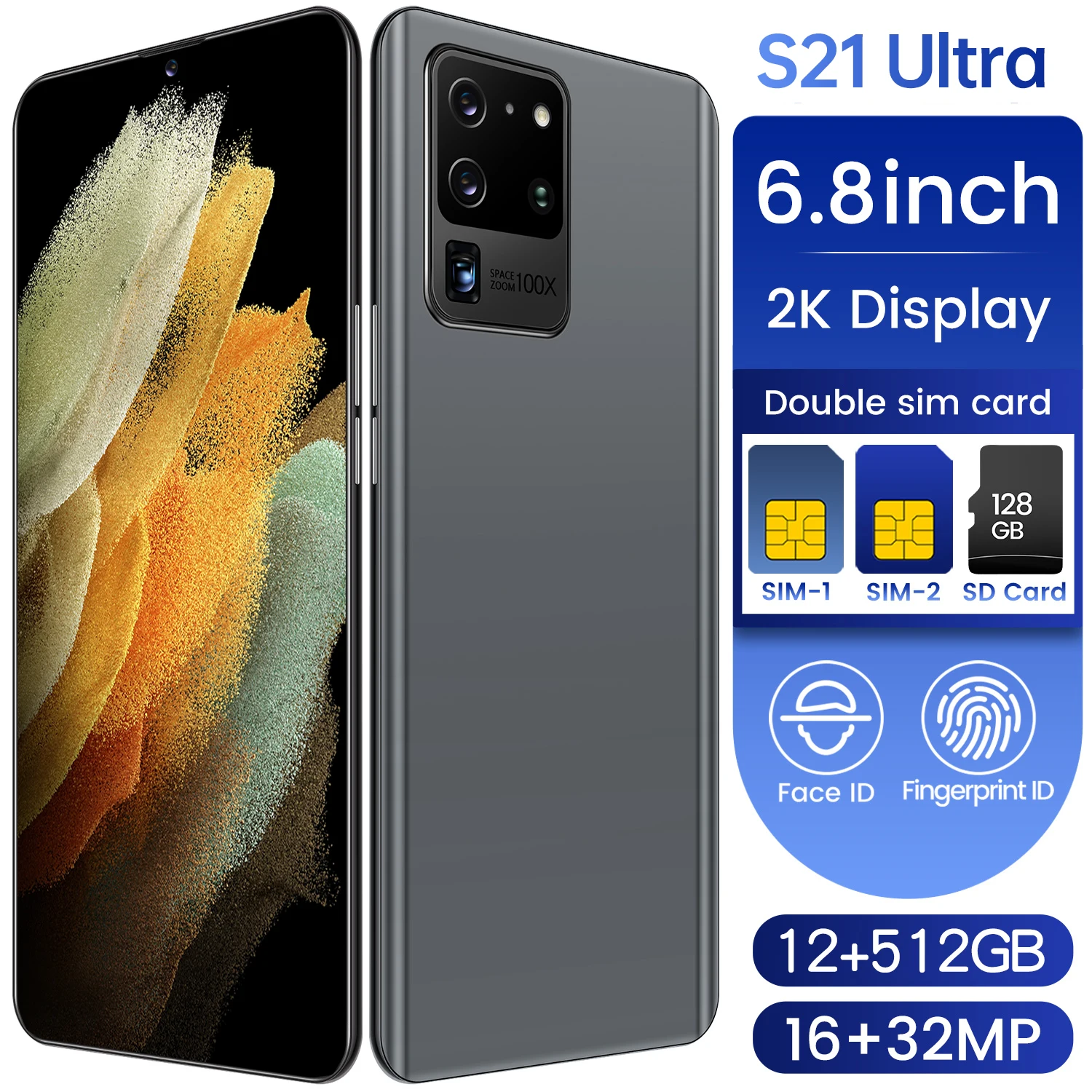 

S21 Ultra 6.8 Inch MTK6889 Cellphone HD Water Drop Screen Mobile Phone Global Version 256G Rom Ultra 8Core of 5G Internet Access