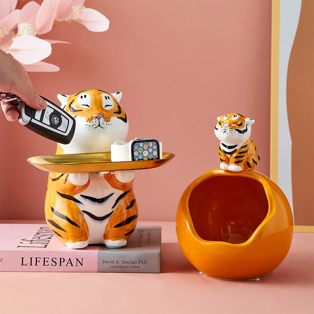 Tiger Statues Home Storage Box Animal Sculptures Ceramic Key Snack Organizer Decorative Tray Living Room Decor Decoration | Дом и сад