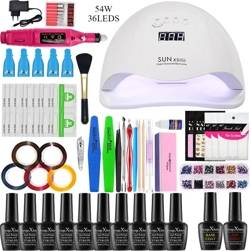 54w choose 10 color Набор для ногтей 36/48/54 Вт УФ светодиодный лампа для сушки гель-лака для ногтей маникюрный набор 10 шт Гель-лак для ногтей Лаки расширение Polygel набор инструментов для ногтей набор - Цвет: 54w choose 10 color