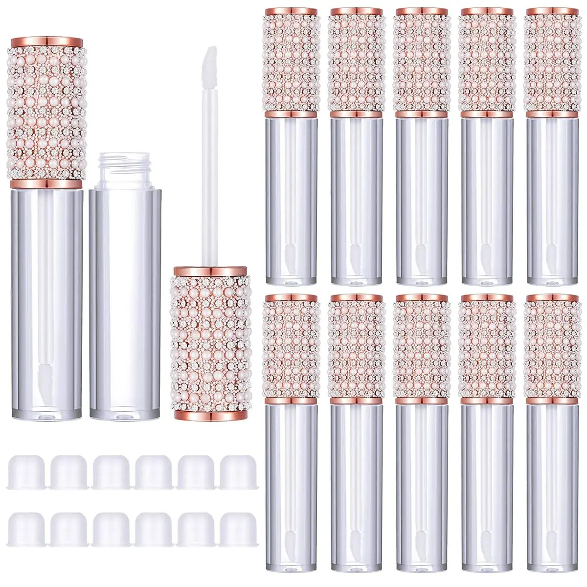 

Crystal Rhinestone Pearl Lip Gloss Tube Empty Rose Gold Glitter Containers Lip Gloss Lip Balm Bottles with Rubber