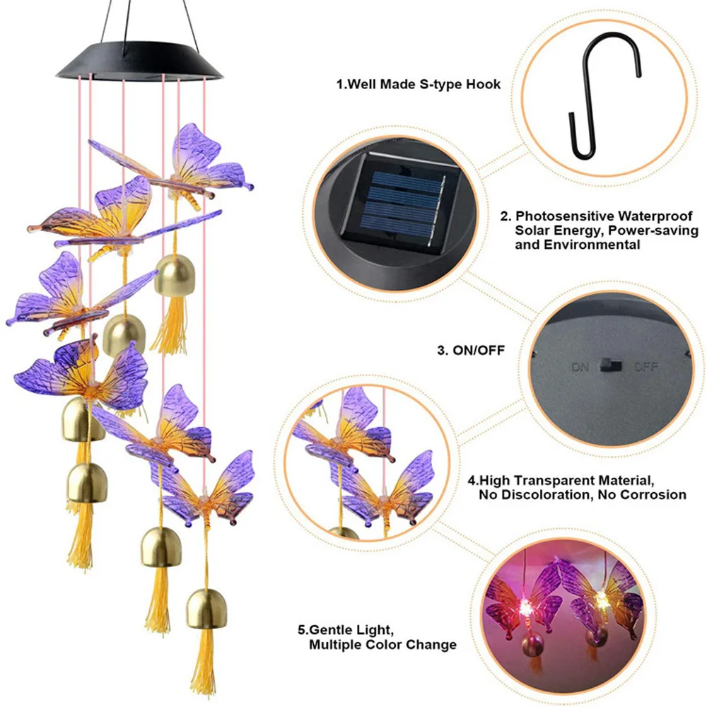 

LED Solar Wind Chime Light Butterfly Style Outdoor Waterproof Garden Garland Hanging Lights Christmas Holiday Solar Lamp Decor