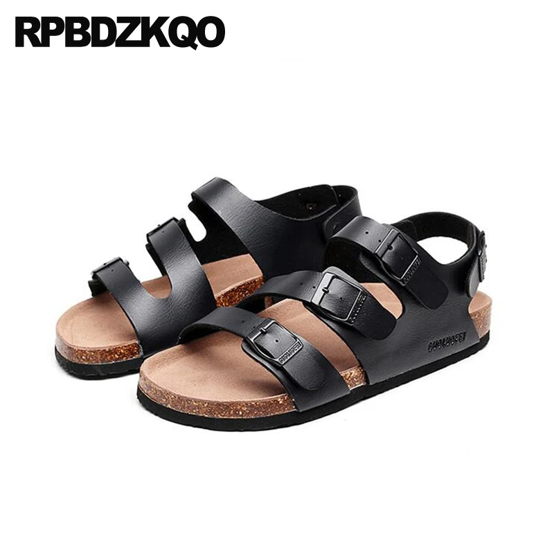 Мужские сандалии гладиаторы на пробковой подошве черные кожаные