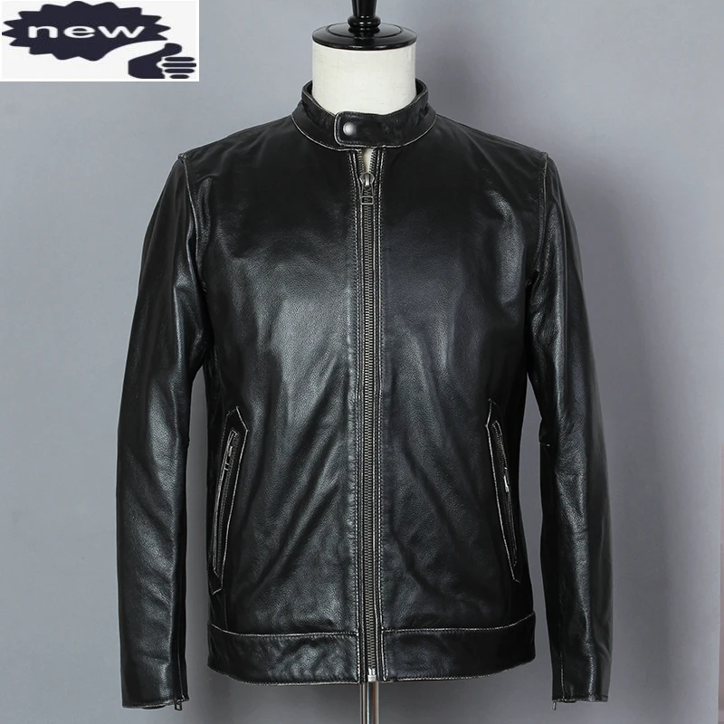 

Мужская байкерская куртка из натуральной коровьей кожи, винтажная Черная байкерская куртка на молнии, 2021